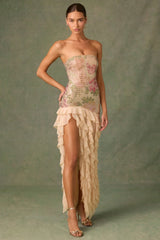 Embellished Ruffle-Trim Strapless Gown in Rose Hotfix