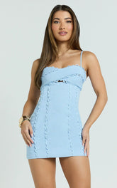 Gigi Mini Linen Blend Dress Sweetheart Tie Back Scallop Detail Dress in Blue