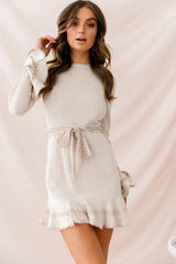 Aspley Flare Cuff Waist Tie Dress Beige