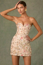 Embellished Strapless A-Line Mini Dress in Floral Beige