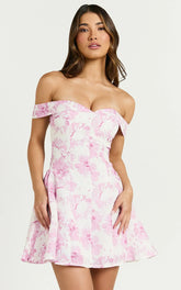 Alkie Mini Dress Off Shoulder Sweetheart Neck Fit & Flare Dress in Print
