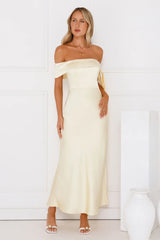 The Hype Off Shoulder Satin Midi Dress