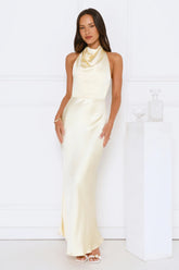 Draped In Diamonds Satin Halter Maxi Dress Yellow