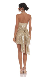 Sequin Back Bow Dress in Gold