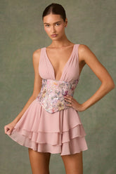 Embellished Ruffled Corset Mini Dress in Floral Pink