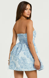 Laure Mini Dress Strapless Jacquard Dress in Blue