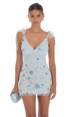 Floral Sequin V-Neck Dress in Blue