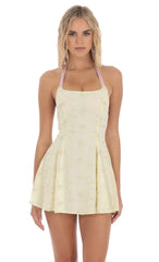 Halter Floral Embroidered Open Back Dress in Yellow
