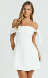 Cecilia Mini Dress Off Shoulder Tie Detail Dress in White