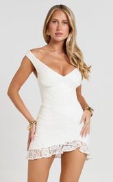 Judai Mini Dress Lace Off Shoulder A Line Dress in White