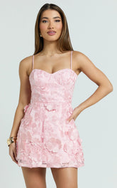 Kala Mini Dress 3D Floral A Line Dress in Pink