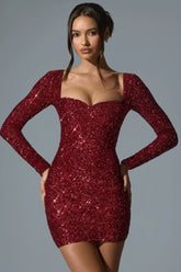 Sephina Embellished Sweetheart-Neck Mini Dress in Red