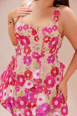 Flora Embroidered Mini Dress - Fuchsia/combo
