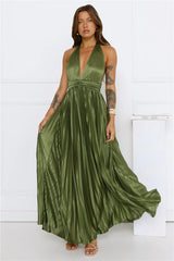 Shimmering Sea Pleated Halter Maxi Dress
