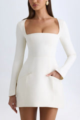 Square-Neck Structured Tulip Mini Dress in Vanilla