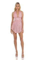 Sequin Halter Dress in Pink