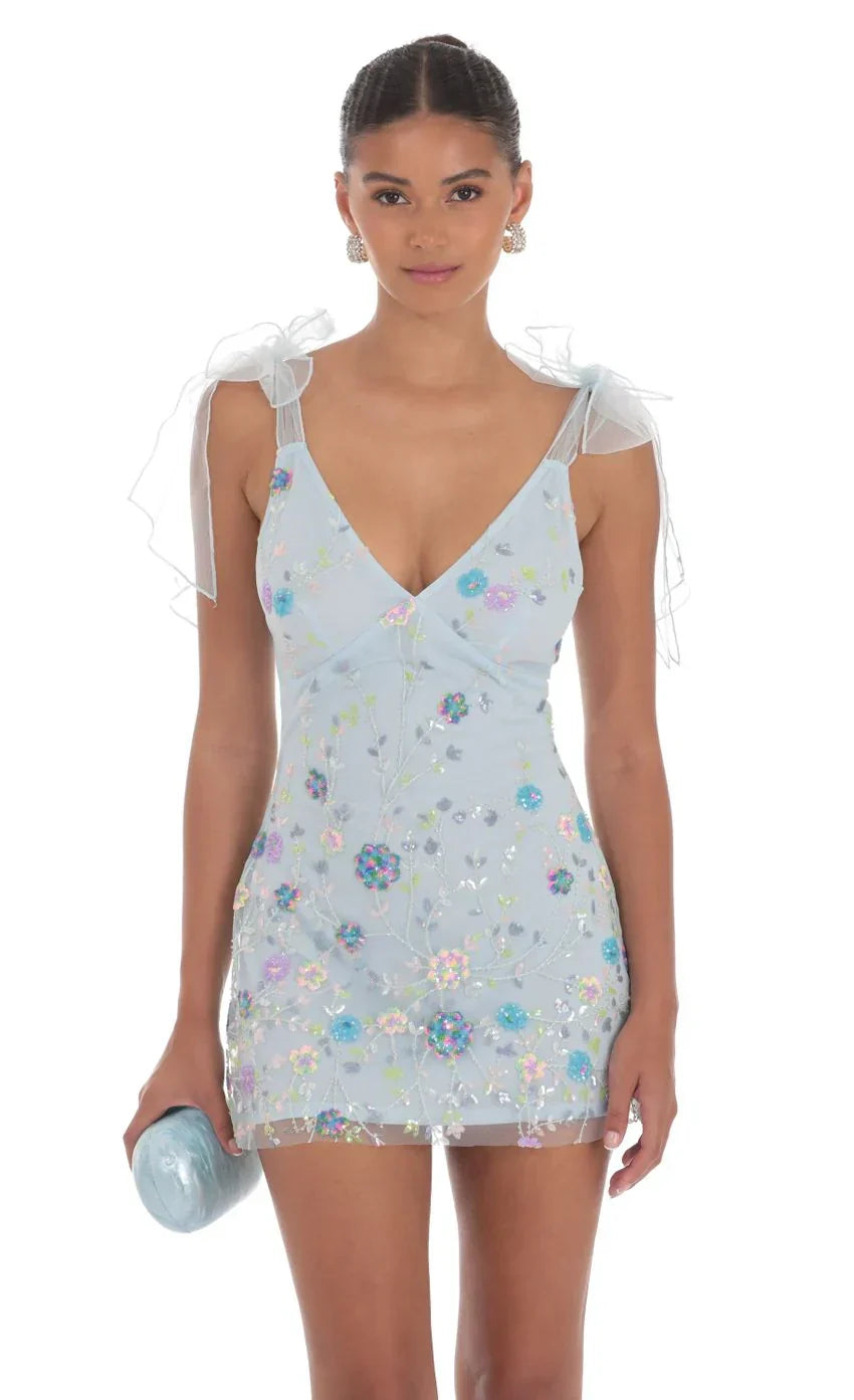 Floral Sequin V-Neck Dress in Blue