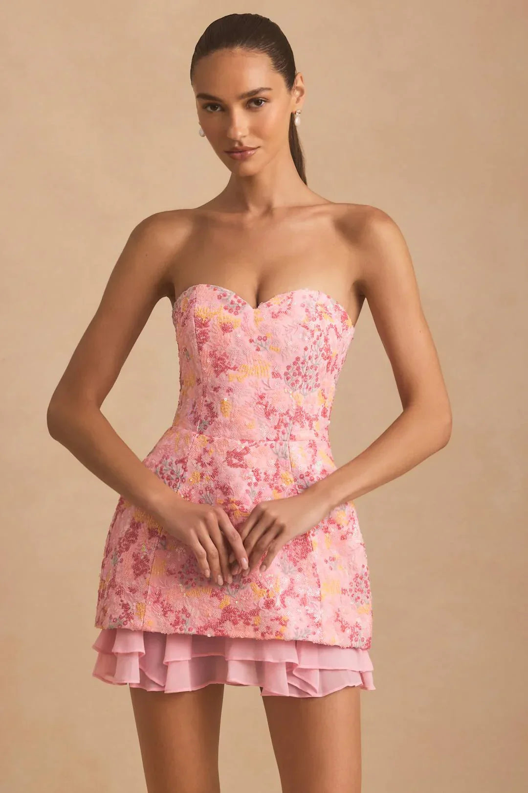 Embellished Strapless Corset Mini Dress in Pink